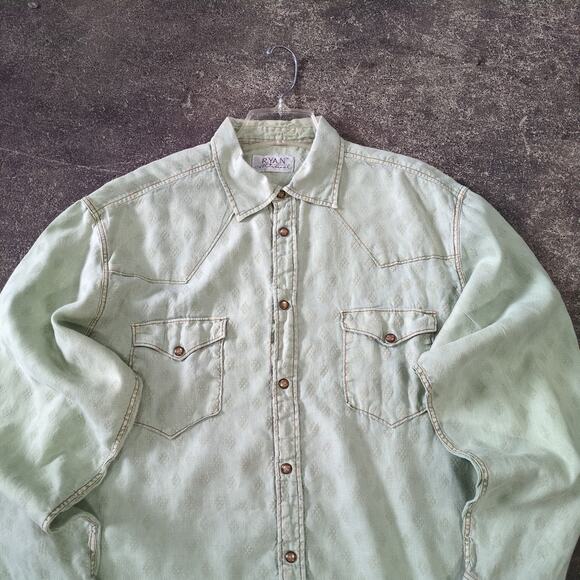 Ryan Michael Pearl Snap Western Shirt Mens XL Green Long Sleeve Silk Textured - Picture 2 of 8